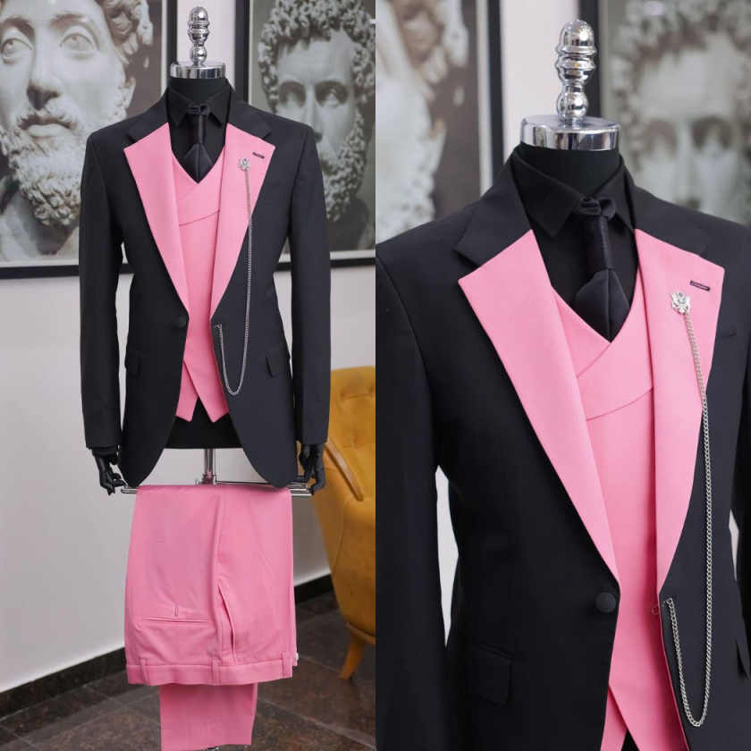Men Formal Wear Shop - Lüks Siyah Pembe Erkek Smokin Şal