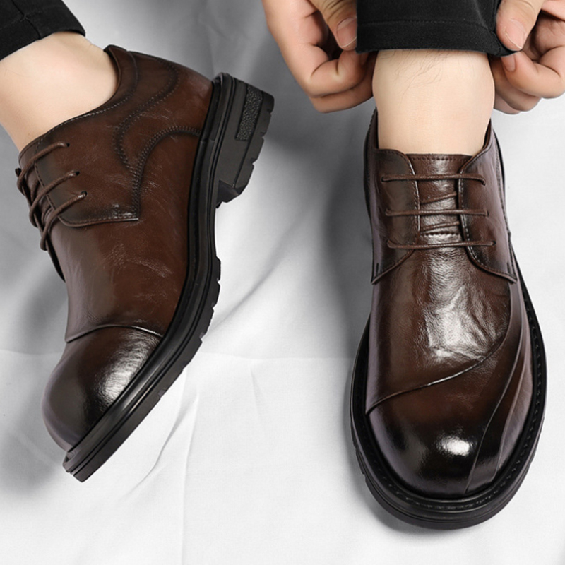 Men Formal Wear Brown - Kahverengi Parlatılmış Hakiki Deri Bağcıklı Kalın